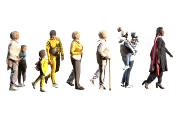 Several digitally rendered women and children walking on a white background.