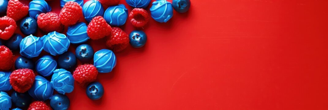 Independence day of chile celebration with red and blue berries on vibrant background. Horizontal banner. Copy space. Blue and red sweets on a red background. Chile National Day - Powered by Adobe