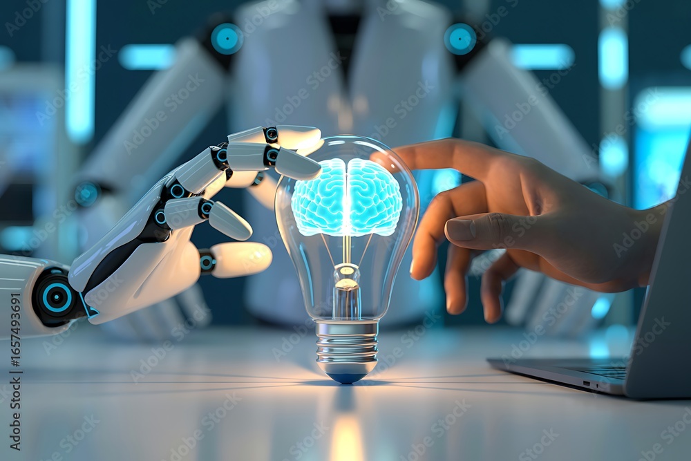 Poster close-up of robot and human hands touching a transparent lightbulb containing a glowing blue brain a