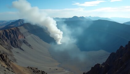 Aerial drone shot of volcanic crater with smoke rising, rugged rocky landscape, dramatic natural formation, cinematic geology, no humans, high-resolution details
