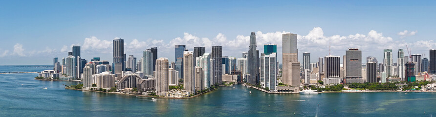 Fototapeta premium Panorama of Brickell in Miami. Brickell skyline on a sunny day. Panorama view of Brickell. Brickell famous panorama. Miami downtown landscape.