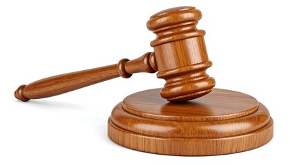 Wooden gavel rests on its block against a white background