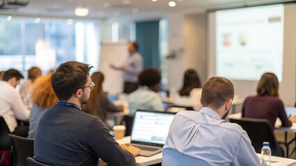 Obraz premium Professional seminar on digital marketing — employees engaged in learning and collaboration