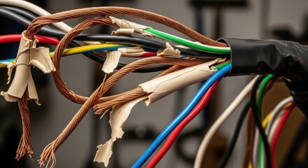 Exposed Danger: Cracked and Brittle Insulation on Old Twisted Copper Wires.