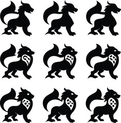Obraz premium Nine Black Silhouette Dragons with Wings and Ornate Chests mythical creature