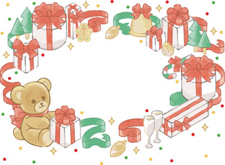 Fototapeta premium クリスマス プレゼント 飾り 手描き 水彩 フレーム あしらい かわいい 背景 イラスト素材