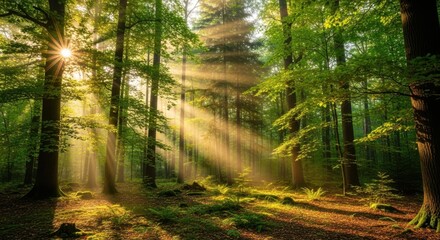 Obraz premium Sunlight streams through a lush green forest canopy illuminating the path ahead