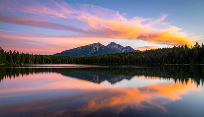 Serene Lakeside Scenery at Dusk with Mountain Reflections and Vibrant Sky