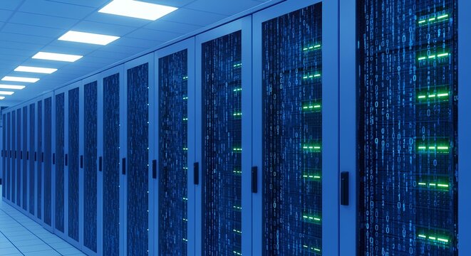 Data center server room with binary code providing digital infrastructure for business