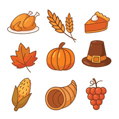 Thanksgiving icons turkey pumpkin pie corn grapes autumn harvest