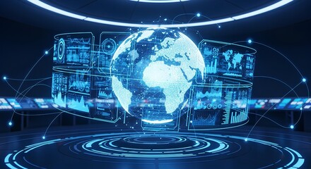 Futuristic Global Technology Interface with Digital Network Connections Displayed in Blue