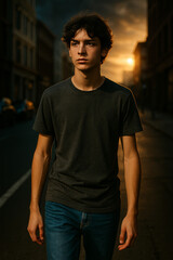 Young Man Walking City Street Sunset Portrait