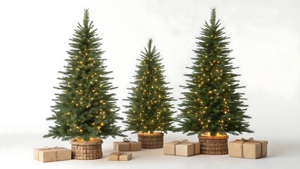 Three tall slim artificial christmas trees decorated with lights and wrapped gifts