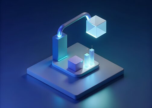 Abstract digital technology concept with glowing cubes and futuristic elements on a dark blue background - Powered by Adobe