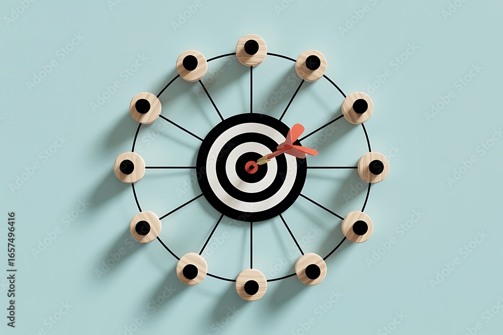Poster dartboard with red dart in bullseye surrounded by wooden pegs and connecting lines target