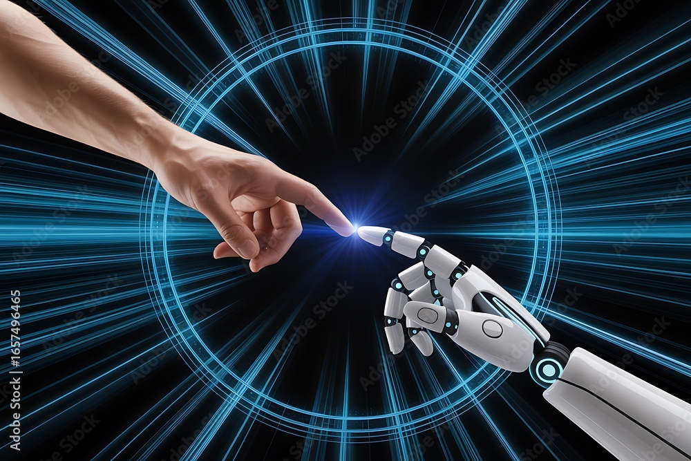 Poster human hand and robot hand connecting with blue light rays and circular digital interface finger touc
