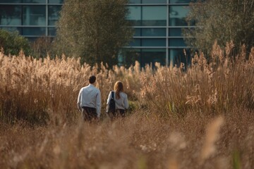 Office colleagues strolling past tall grasses in an open meadow The sound of rustling leaves surrounds them The mood feels freeing and light, Generative AI 