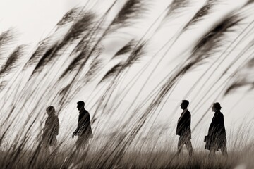 Office colleagues strolling past tall grasses in an open meadow The sound of rustling leaves surrounds them The mood feels freeing and light, Generative AI 