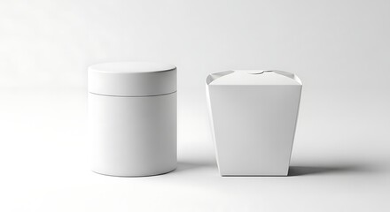 Minimalist Mockup - Blank White Cylindrical and Asian Food Containers.