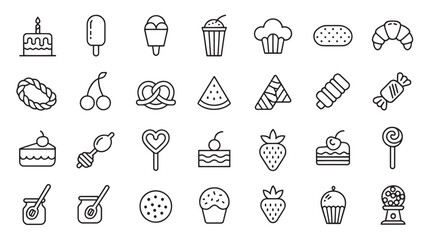 Assorted Sweet Treats and Confectionery Icons in Black and White Outline Style for Culinary Design and Food Illustrations
