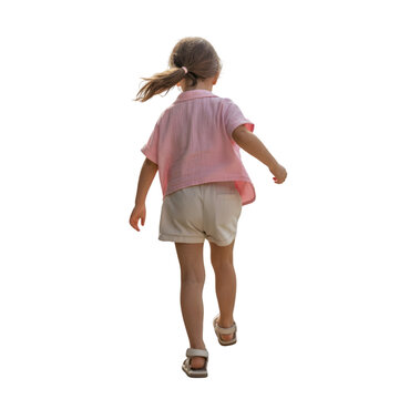 Little girl in pink shirt and shorts running away childhood innocence carefree youth