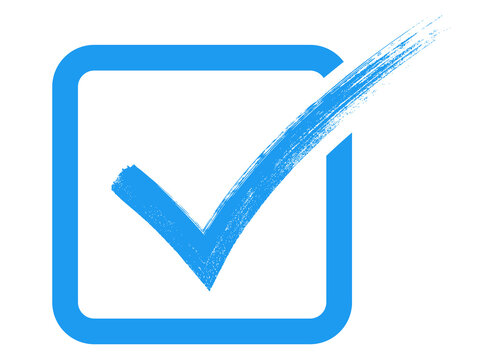 Blue checkmark inside colored square box, brush stroke tick symbol, PNG with transparent background, modern icon for validation, checklist, or approval designs