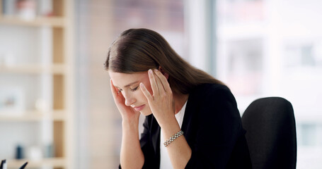 Migraine, stress and businesswoman in office with burnout, frustration or workload pressure. Mental...