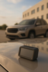 Smart Device on a Car: A sleek, modern smart device rests atop a car, showcasing its sophisticated design, with the car and a building softly blurred in the background.