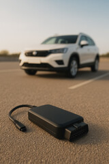 Car Tracker on Road: A close-up captures a modern vehicle tracker placed on the road with a car in the background, symbolizing automotive technology and vehicle security.