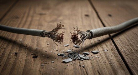 Frayed Ends of Disconnection: A Severed Cable on a Rustic Wooden Surface