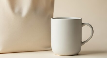 Minimalist Still Life - Off-White Mug and Tote Bag on Neutral Background.