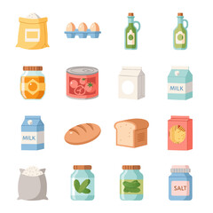 Food and grocery product icons with bread, canned goods, bottles, milk, eggs, cheese, and packaged items