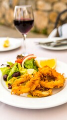 Fried Calamari with Salad and Wine, Outdoor Dining