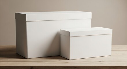Minimalist Still Life - Two White Storage Boxes with Soft Shadows on a Wooden Desk.
