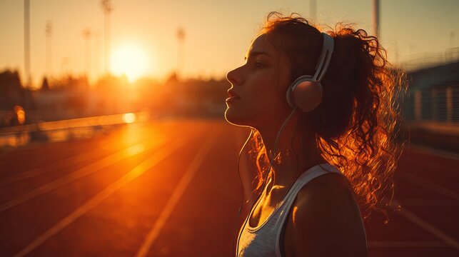 Young woman with headphones at sunset on track, embracing warmth and focus for her next challenge