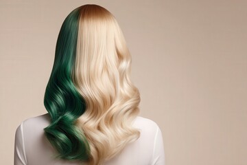 Fototapeta premium A woman's back displays beautifully styled, wavy hair with a striking, two-tone color, emerald green and creamy blonde, against a soft beige backdrop.