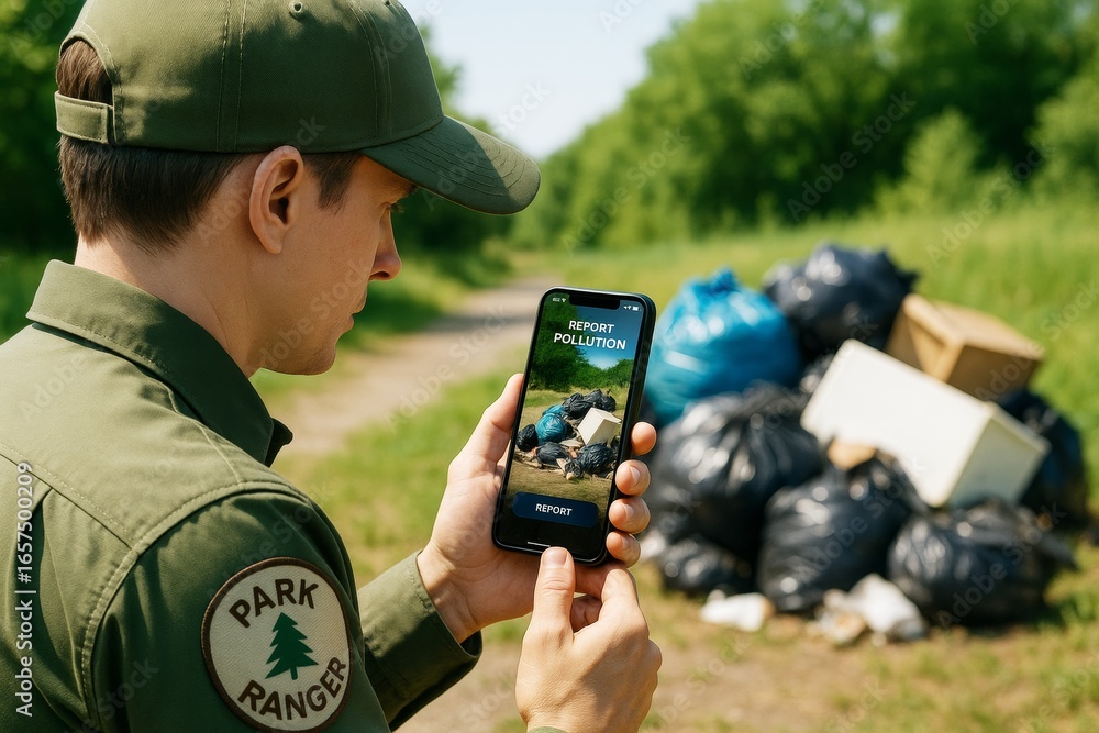 Poster park ranger using mobile phone app to report illegal pollution in natural environment with garbage i