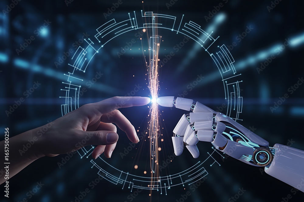 Aufkleber human finger and robot hand making contact with glowing particles and digital circuit pattern image