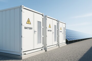 Fototapeta premium Battery energy storage containers near solar panels under clear sky, symbolizing renewable energy infrastructure and sustainable power systems. Ai generative