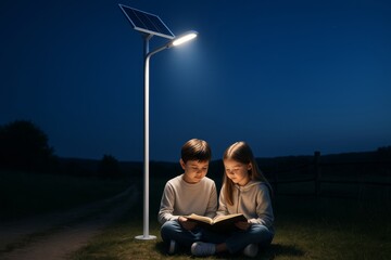 Children reading under solar-powered street light at night outdoors, symbolizing education and clean energy in rural environment concept. Ai generative