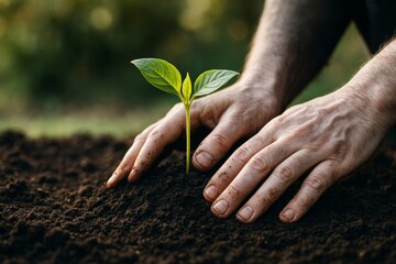 Fototapeta premium Close-up of hands planting a small green seedling in soil with natural light and blurred background, symbolizing growth and sustainability. Ai generative