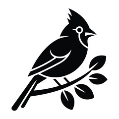 Black silhouette vector illustration of a bird perched on leafy branch