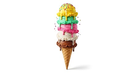 tall stack colorful ice cream scoops waffle cone