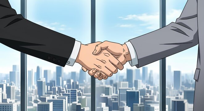 Animated handshake symbolizes partnership and business agreement with city view - Powered by Adobe