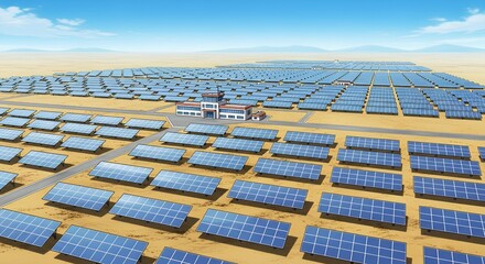 Massive solar panel farm in desert landscape, clean energy and sustainable electricity concept,