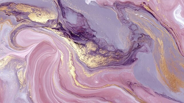 Luxurious swirling pink and purple abstract with shimmering gold accents creates elegant, modern texture.