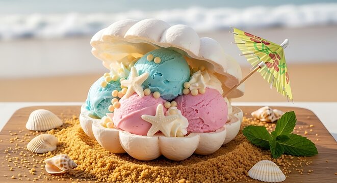 colorful ice cream dessert in seashell on beach