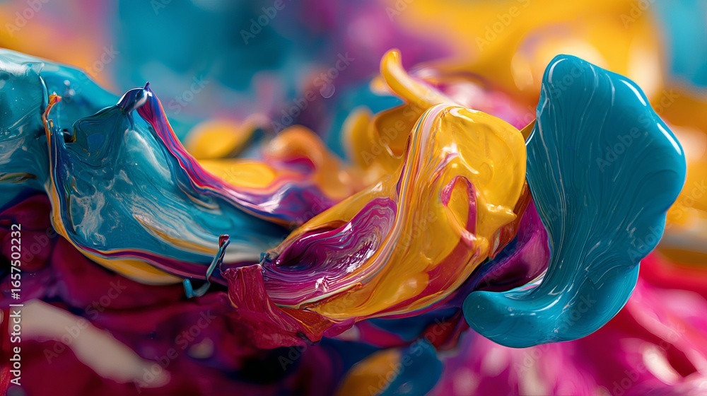 Poster vibrant abstract paint swirls in dynamic motion, a fluid explosion of color and texture