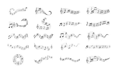Music notes wave vector set with swirling melody lines, treble clef icons, and abstract background design.
