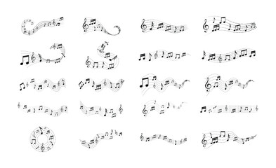 Music notes in wave line icon, sign ,symbol isolated on white background.   musical wave line vector. Treble clef on sheet music.
